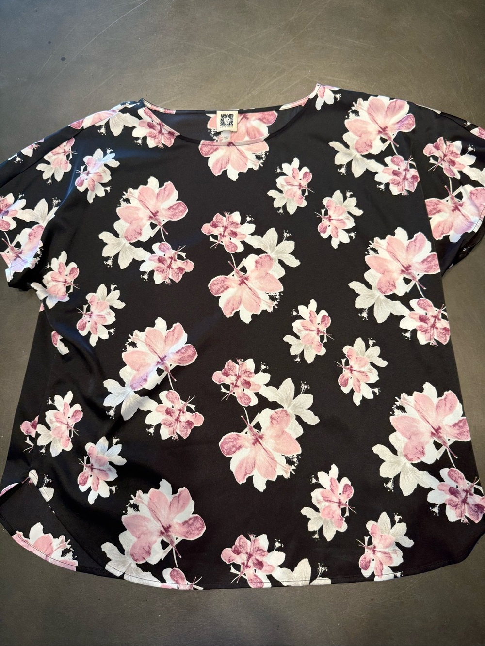 Anne Klein Black Short Sleeve Top with Pink Floral Print